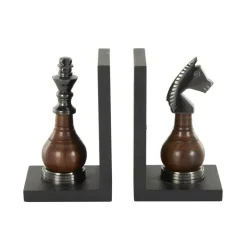 Decorative Dark Brown & Silver Chess Bookend Set