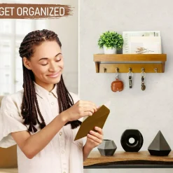 Decorative Key Holder for Wall with Shelf: Farmhouse Mail Rack with 5 Sturdy Key Hooks for Home Decor, Apartment, Entryway and Hallway (Light Brown)
