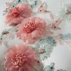 3D Embroidered Beaded Pearl Flower Fabric Lace Applique, Handmade Sewing Tool for DIY Wedding Bridal Dress Floral Clothes Patches (Pink-Green)