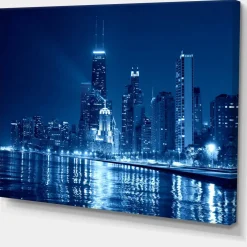 Designart - Blue Chicago Skyline Night - Cityscape Photo Canvas Print