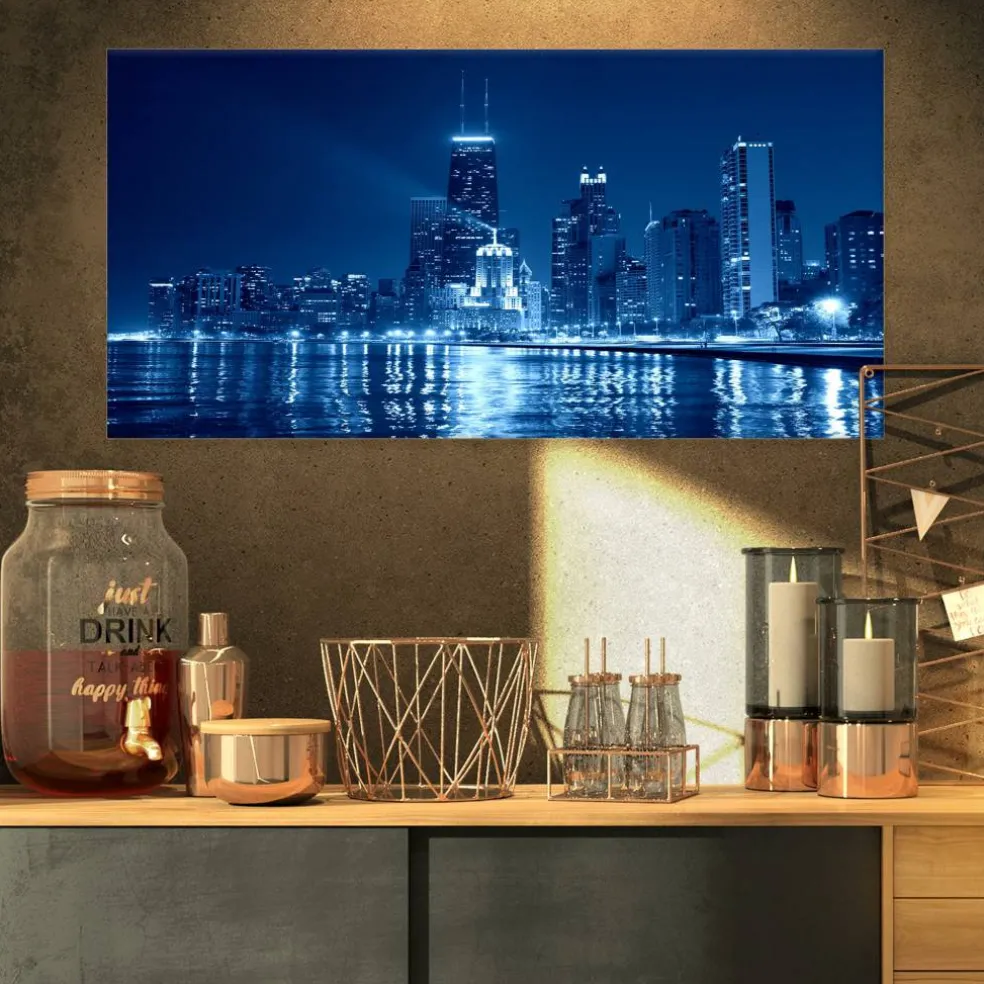 Designart - Blue Chicago Skyline Night - Cityscape Photo Canvas Print