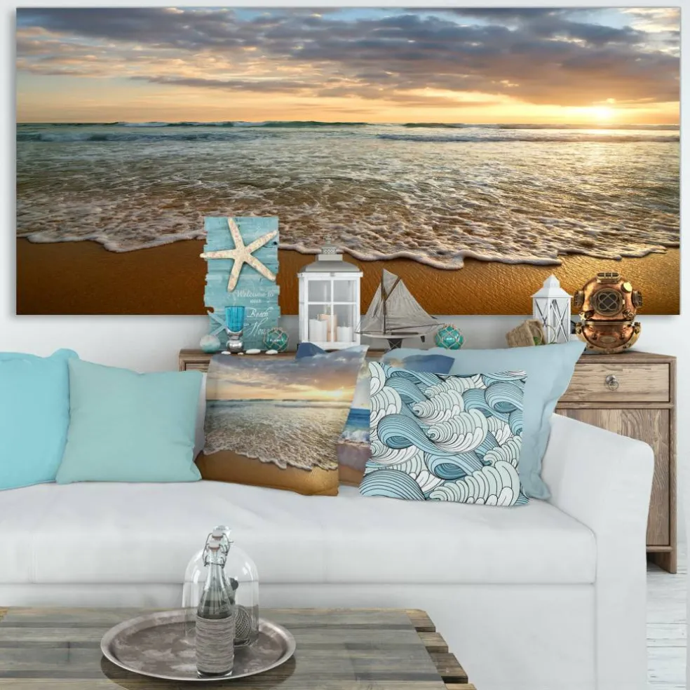 Designart - Bright Cloudy Sunset in Calm Ocean - Seashore Canvas Art Print