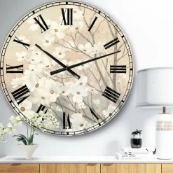Designart 'Brown Onn Grey Blossoms Traditional Wall Clock