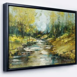 Designart - Creek in the Forest Oil Painting - Landscape Painting Canvas Print in Black Frame