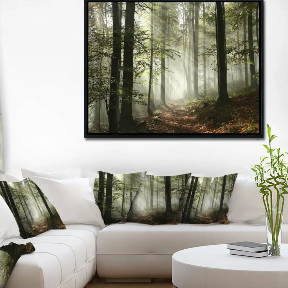 Designart - Light in Dense Fall Forest with Fog - Landscape Art Print Framed Canvas
