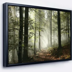 Designart - Light in Dense Fall Forest with Fog - Landscape Art Print Framed Canvas