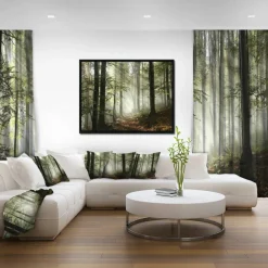 Designart - Light in Dense Fall Forest with Fog - Landscape Art Print Framed Canvas