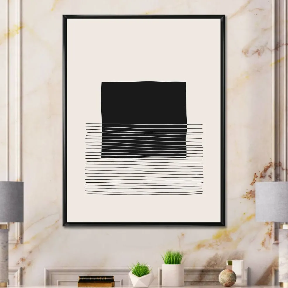 Designart - Minimal Geometric Lines And Squares VIII - Modern Canvas Wall Art Print in Black Frame
