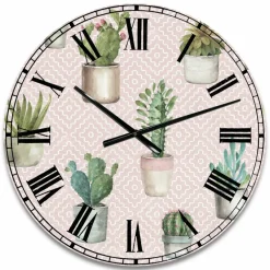 Designart 'Potted Cactus On Pink Geometrical Pattern Traditional Wall Clock
