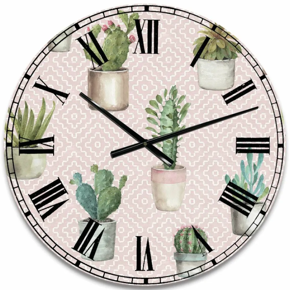 Designart 'Potted Cactus On Pink Geometrical Pattern Traditional Wall Clock