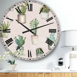 Designart 'Potted Cactus On Pink Geometrical Pattern Traditional Wall Clock