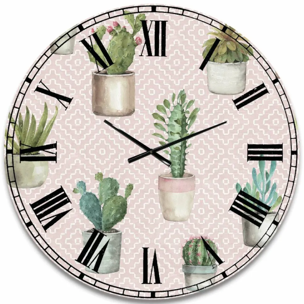 Designart 'Potted Cactus On Pink Geometrical Pattern Traditional Wall Clock