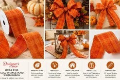 Designer’s Shop 2.5" Gold Orange Plaid Wired Ribbon, 10 Yards – WR 63-5105 -Metallic Fall Harvest Ribbon