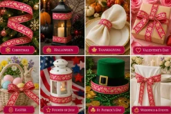 Designer's Shop Metallic Gold Floral Jacquard Trim Ribbon, Raspberry Pink, 1-13/16" Wide x 5 Yards, JL 498