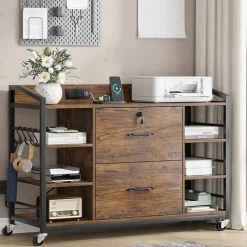 44" Desktop Printer Stand with File Cabinet and 6 Storage Shelves USB and AC Power Ports