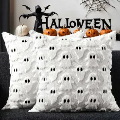DFXSZ Halloween Pillow Covers 18x18 inch Set of 2 White Ghost Throw Pillow Cases Soft Plush Faux Fur Wool Couch Cushion Case for Chair Sofa Bedroom Living Room Home Decor PTK03A18