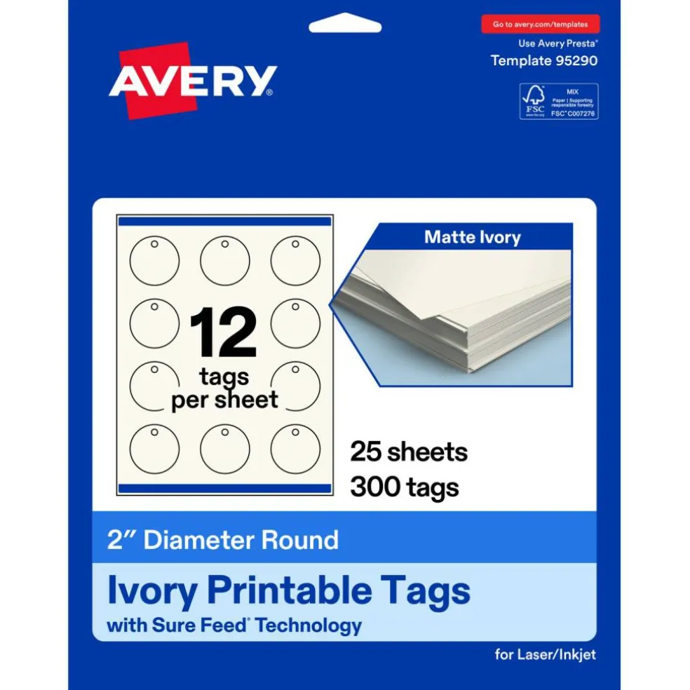 2" Diameter Round, Matte Ivory Printable Tags