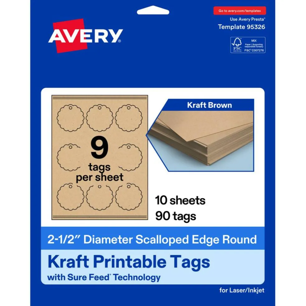 2-1/2" Diameter Round Scalloped Edge, Kraft Brown Printable Tags