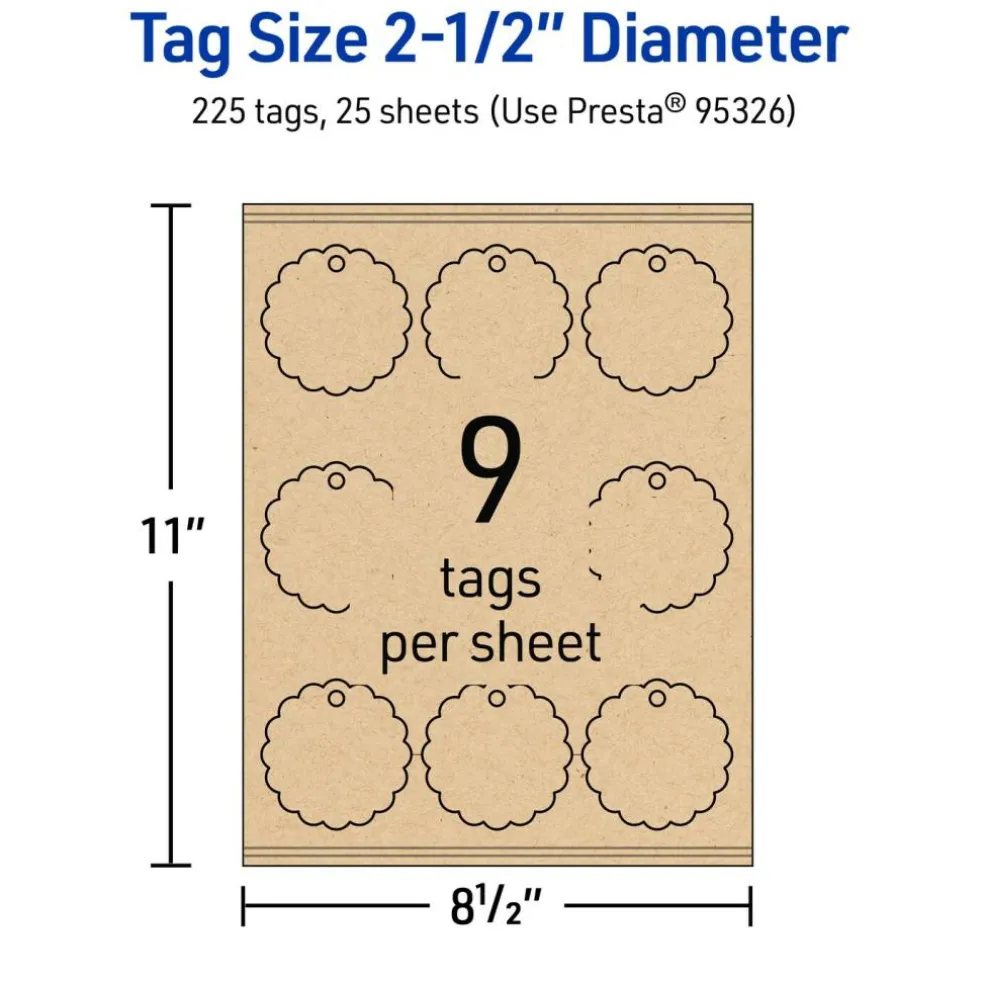 2-1/2" Diameter Round Scalloped Edge, Kraft Brown Printable Tags