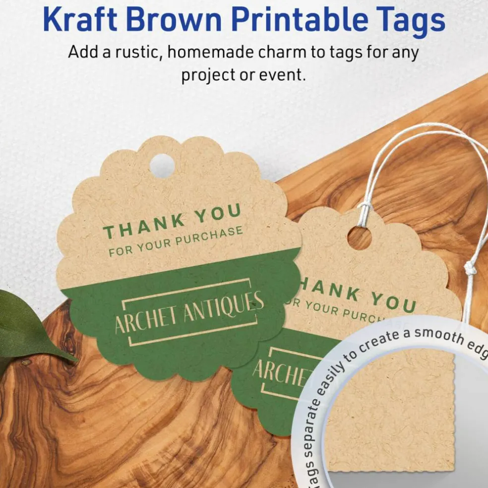 2-1/2" Diameter Round Scalloped Edge, Kraft Brown Printable Tags