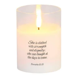 Dicksons DPGC-04-100WH She Is Clothed With Strength And Dignity White 4 x 3 Glass Encouraging Flameless LED Candle