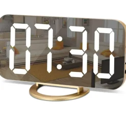 Digital Alarm Clock,LED and Mirror Desk Clock Large Display,with Dual USB Charger Ports,3 Levels Brightness,12/24H,Modern Electronic Clock for Bedroom Home Living Room Office - Gold