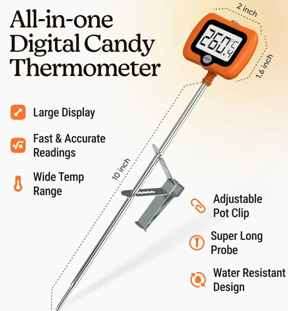 Digital Candy Thermometer – 10" Stainless Steel Probe, Pot Clip, Instant-Read for Cooking & Baking