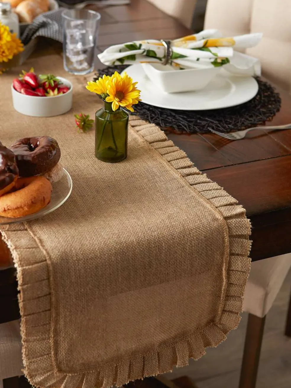 DII® Natural Ruffle Trim Jute Table Runner, 14x108 inch