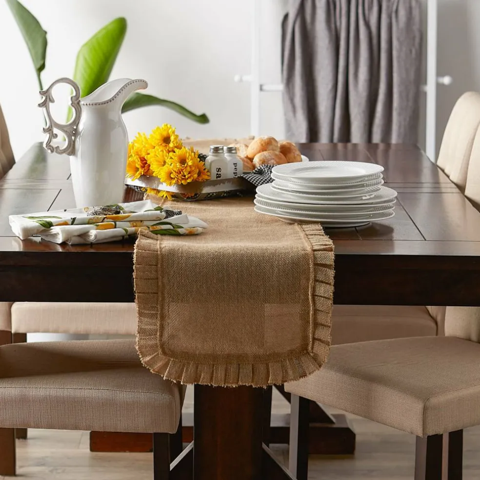 DII® Natural Ruffle Trim Jute Table Runner, 14x108 inch