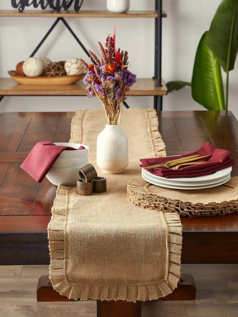 DII® Natural Ruffle Trim Jute Table Runner, 14x108 inch