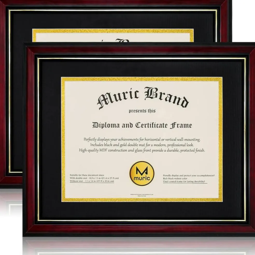 Diploma Frames 8.5x11 with Mat – Set of 2 Solid Wood Certificate Frames with Plexiglass, Cherry Red with Gold Edge, 11x14 Without Mat, Wall & Tabletop Display