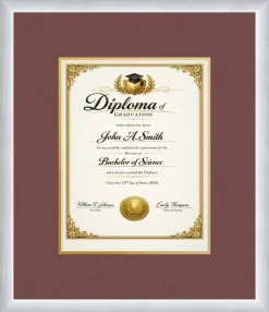Diploma Frame x 11 Certificate (Portrait) - Graduation Stainless Silver Hardwood With Dark Red Mat