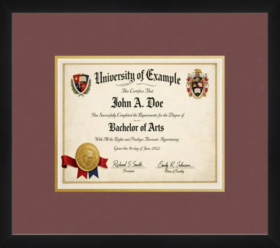 Diploma Frame x 8 Professional License - Graduation Matte Black Hardwood With Dark Red double mat