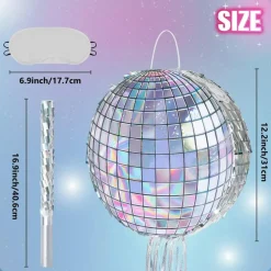 Disco Ball Piñata - Disco Party Decoration for Adult Birthday Party Supplies Hanging Disco Piñata with Bat Blindfold Mirror Roller Skating Pull String, 12.2” x 12.2”