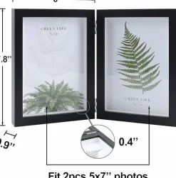 Double Hinged 5x7 Picture Frames Set, Black MDF Wood Shadow Box Photo Frame with Glass Front, 2 Opening Desktop Display Frame for Tabletop Decor & Gift