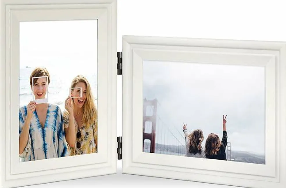 Double 5x7 White Wood Hinged Picture Frame, Foldable Vertical Horizontal Desk Photo Frame for 4.5x6.5 Photos, Dual Display Tabletop & Wall Decor Frame