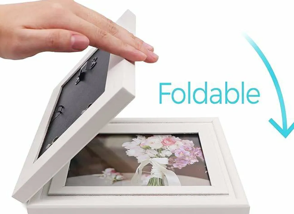 Double 5x7 White Wood Hinged Picture Frame, Foldable Vertical Horizontal Desk Photo Frame for 4.5x6.5 Photos, Dual Display Tabletop & Wall Decor Frame