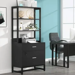 2-Drawer Lockable Filing Cabinet with Open Shelves and Adjustable Storage for Office or Home