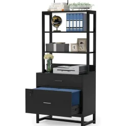 2-Drawer Lockable Filing Cabinet with Open Shelves and Adjustable Storage for Office or Home
