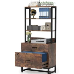 2-Drawer Lockable Filing Cabinet with Open Shelves and Adjustable Storage for Office or Home