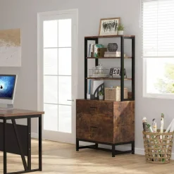 2-Drawer Lockable Filing Cabinet with Open Shelves and Adjustable Storage for Office or Home