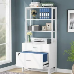 2-Drawer Lockable Filing Cabinet with Open Shelves and Adjustable Storage for Office or Home