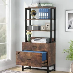 2-Drawer Lockable Filing Cabinet with Open Shelves and Adjustable Storage for Office or Home