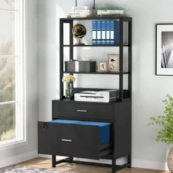 2-Drawer Lockable Filing Cabinet with Open Shelves and Adjustable Storage for Office or Home