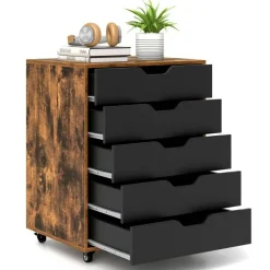 5 Drawer Mobile File Cabinet, Rolling Office Storage Cabinet with Casters, Wood Chest Organizer for Home Office, Study and Living Room