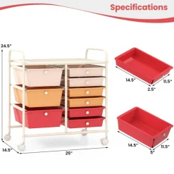 9-Drawer Mobile Storage Cart with Casters, Metal Frame, Colorful Drawers