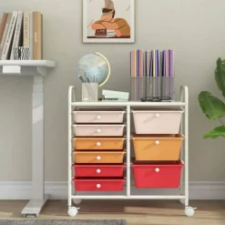 9-Drawer Mobile Storage Cart with Casters, Metal Frame, Colorful Drawers