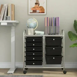 9-Drawer Mobile Storage Cart with Casters, Metal Frame, Colorful Drawers