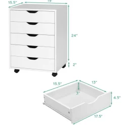 5 Drawer Rolling File Cabinet Under Desk Storage Chest Mobile Organizer With Wheels For Home Office White