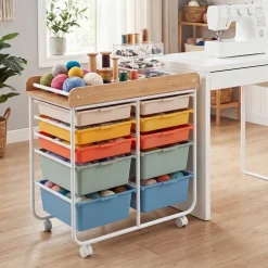 10 Drawer Rolling Storage Cart With Wheels Organizer MDF Top Metal Frame For Office Craft Supplies